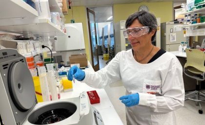 Professor Ranjeny Thomas AM wearing white coat working in her lab. Image, UQ